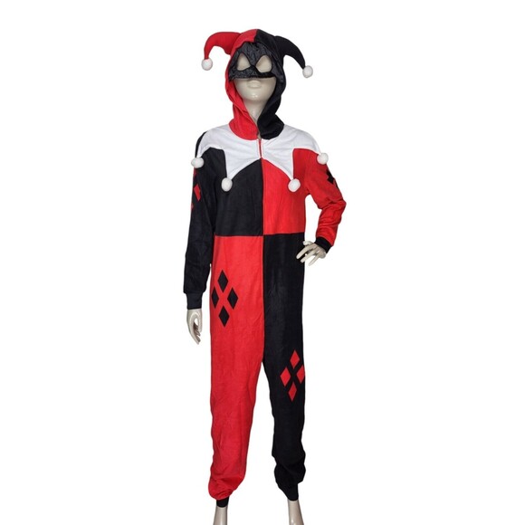 Vintage Harley Quinn DC Comics Fleece Jester Hooded Mask Cosplay Jumpsuit Med - Picture 8 of 9